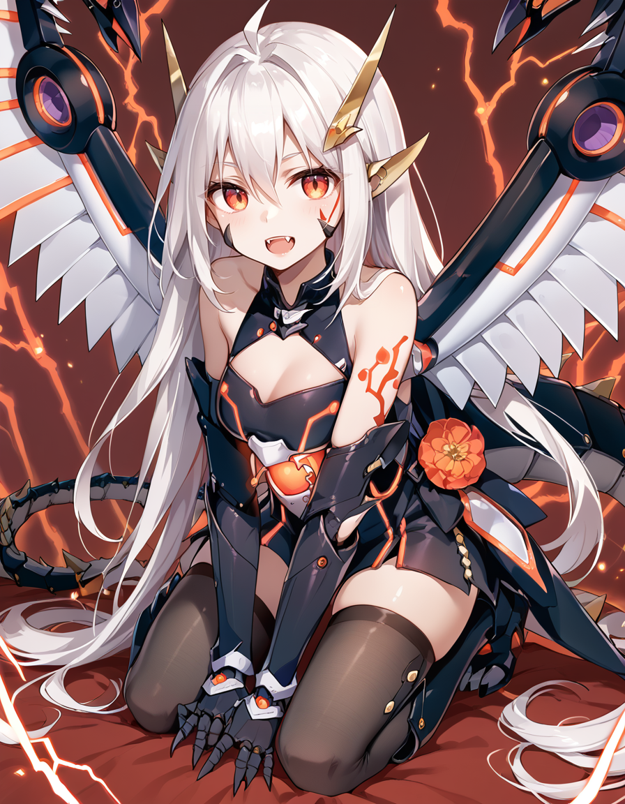 (score_9:0.9),score_8_up,score_7_up,rating_safe,(zPDXL3),
<lora:Cyber Dragon Infinity ponyXL v1.12:0.8>,
 cyber dragon infinity, 1girl, solo, open mouth, white hair, long hair, horns, personification, thighhighs, looking at viewer, bare shoulders, fangs, mecha girl, red lightning, black elbow gloves, kneeling, tattoo, facial tattoo, breastplate, mecha wings