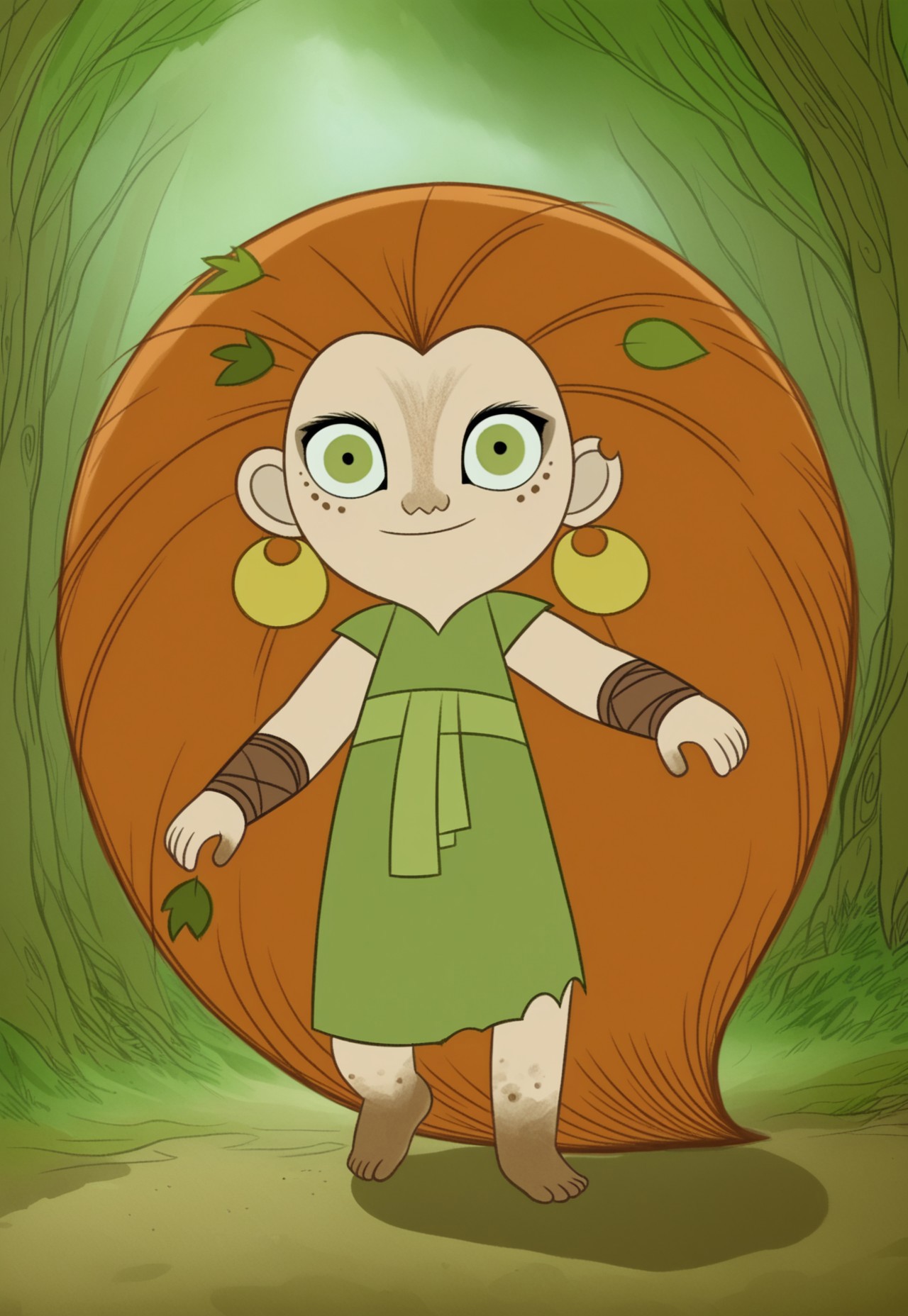 (zPDXL3), full body, solo, 1girl, best quality, 1girl, solo, mebh_human, green eyes, long hair, orange hair, earrings, barefoot, earrings, jewelry, leaf, freckles, muddy feet, looking at viewer, dynamic expression, dynamic pose, outdoors, forest, dynamic angle