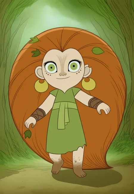 (zPDXL3), full body, solo, 1girl, best quality, 1girl, solo, mebh_human, green eyes, long hair, orange hair, earrings, barefoot, earrings, jewelry, leaf, freckles, muddy feet, looking at viewer, dynamic expression, dynamic pose, outdoors, forest, dynamic angle