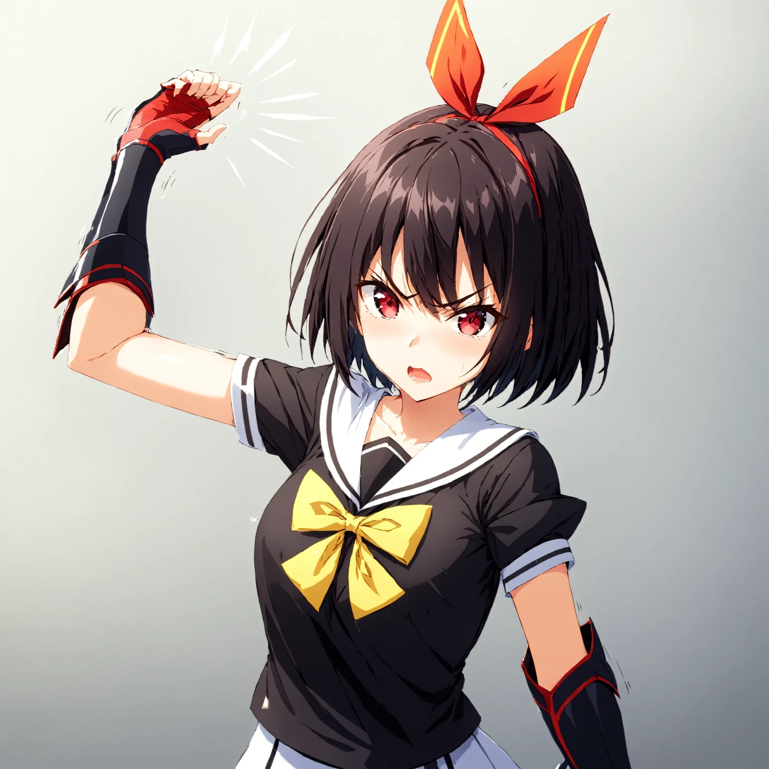 masterpiece, best quality,
1girl,solo,
<lora:gostlapped.sdxl.v1_r1:0.8> (imminentslap), arm up,
(motion blur), motion lines, angry,
<lora:kujounagisa.sdxl.v1:0.9> kujou nagisa, red hair ribbon, serafuku, yellow bowtie, black gauntlets, fingerless gloves, black footwear, armored boots