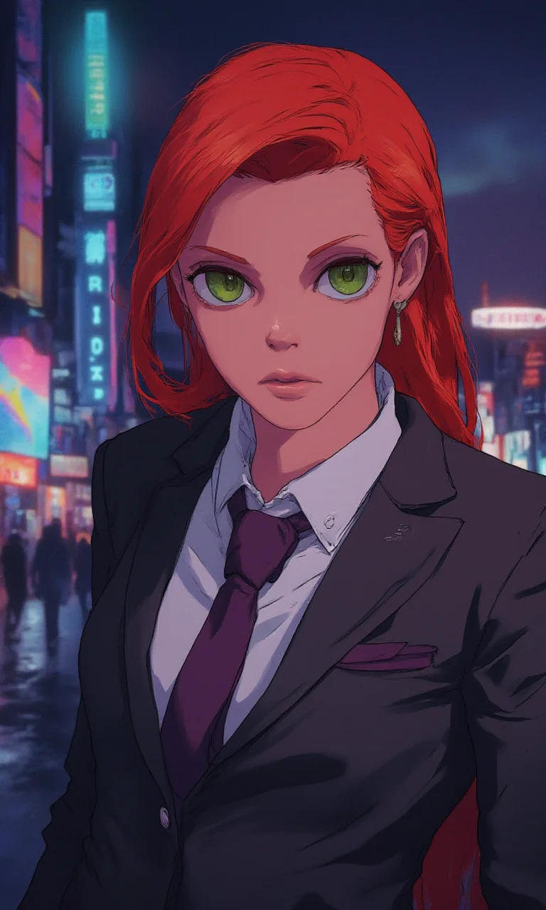 mature woman wearing a suit and tie close up portrait photo , red hair, green eyes, closeup on facecyberpunk anime city at night, comic illustration<lora:Flux\mine\bigeyes.safetensors:1.0:1.0> <lora:Flux\CPA.safetensors:1.0:1.0>