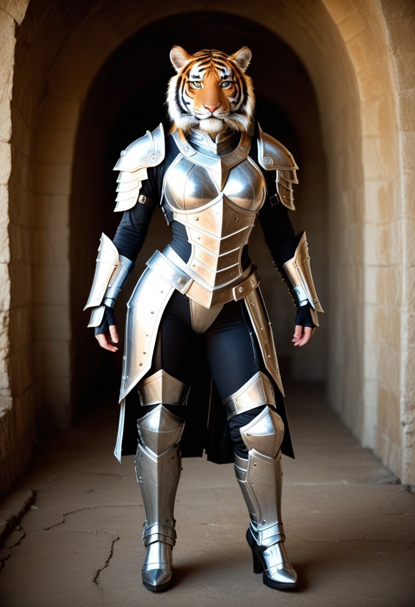The armored Queen of tigers, female tiger, 18 years old, mean tiger eyes, skimpy leather armor of mists, zoomed out:.10, raw, masterpiece, extremely detailed photo, extreme ultra best picture, extreme ultra intricate creative detail, extreme hyper realistic detail, extreme ultra hyper photo realism, extreme ultra-hyper immersive visuals, extreme 3D realistic, ultra 4080p, HD, VFX, SFX, FKAA, TXAA, RTX, SSAO, full portrait