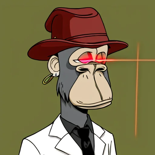 BAYC, ape, solo, flat yellow background, deadpan, red hat, hoop earring, black tie, lab coat, laser eyes <lora:BAYC_LoRA:0.75>