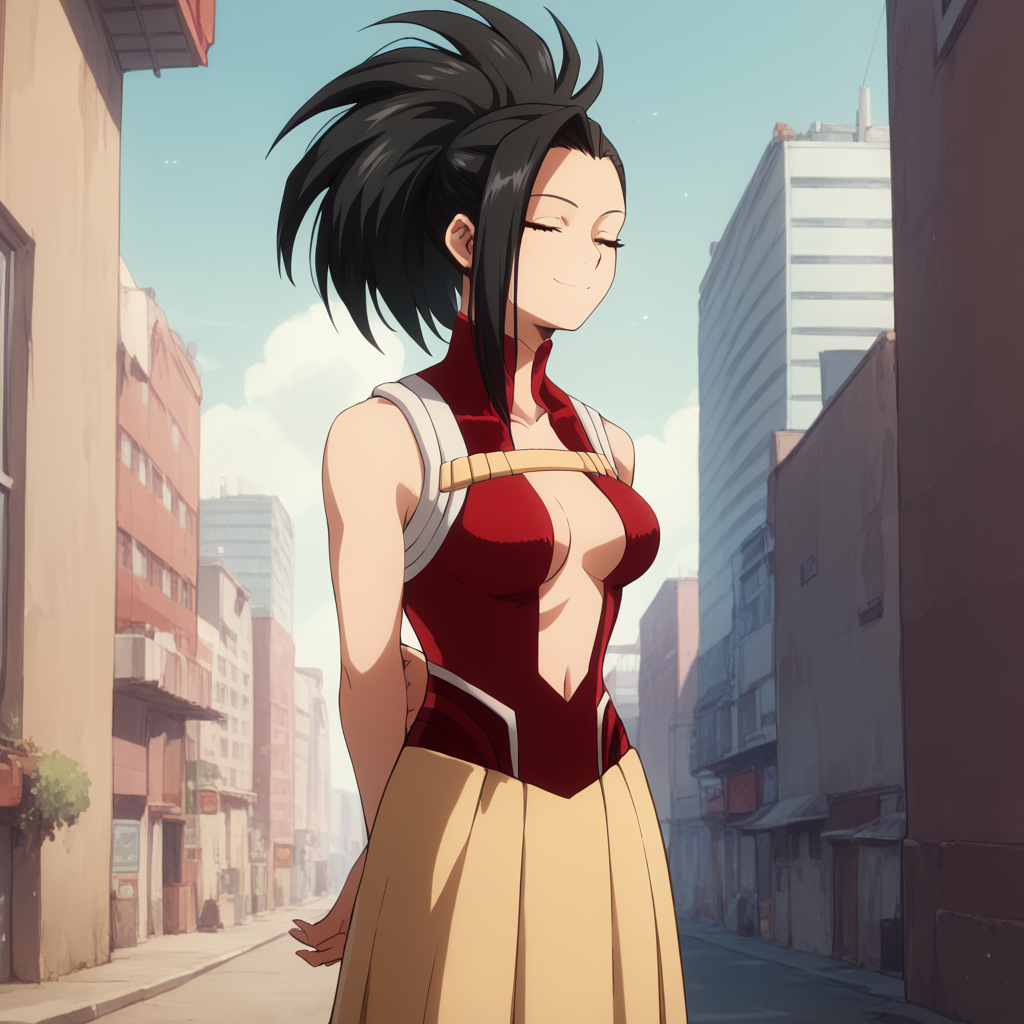 <lora:SlimesYaoyorozu:1>, score_9, score_8_up, score_7_up, slimes_yaoyorozu, woman, solo, smiling, black hair, hands behind back, eyes closed,  city background
