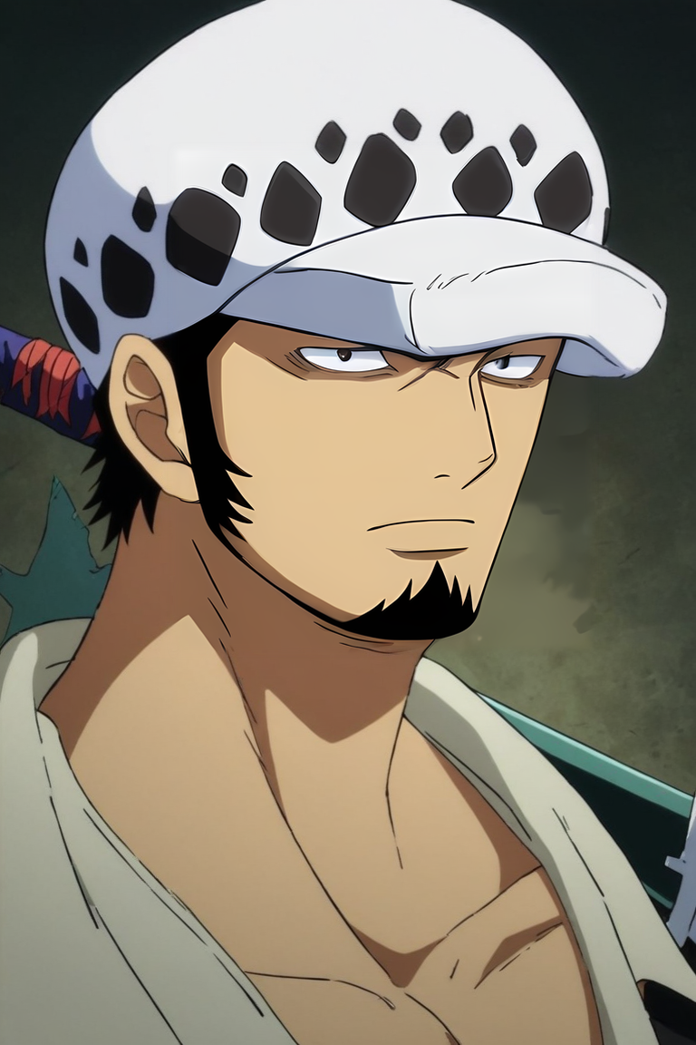 score_9, score_8_up, score_7_up, source_anime, intricate details, semi-realistic, looking at viewer, upper body, , 1boy, solo, male focus, <lora:law_trafalgar_pony:0.76>, law_trafalgar, black hair, black eyes, short hair, facial hair, sideburns, long sideburns, goatee, hat, post timeskip, , weapon, sword, sheathed, holding weapon, , new wave science fiction, , <lora:sdxl_lightning_8step_lora:1>