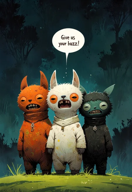 fugglers, A medium-close-up view of three different colored alpacas standing in a grassy field. There is a horror speech bubble saying "Give us your buzz!". They have longer hair and look very fluffy. The alpaca on the left is facing the camera, while the other two are facing the right. They are all facing the same direction, and their bodies are slightly angled to the left. The back of the alpaca is slightly angled towards the left side of the image, and the front of the one on the right is facing towards the right side. Midnight, dark horror background, CreeepyCuteMagic, ppstorybook