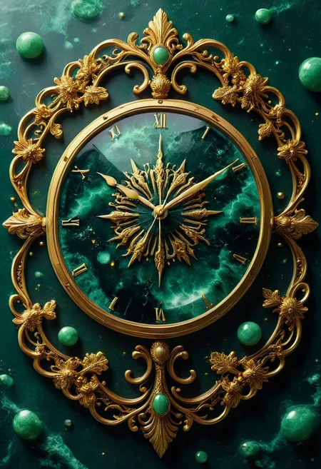 made from jade and obsidian, jade, obsidian,score_9, score_8_up, score_7_up, expensive looking, clock, golden clockhandsб golden metal pattern (mtlartCE_style)