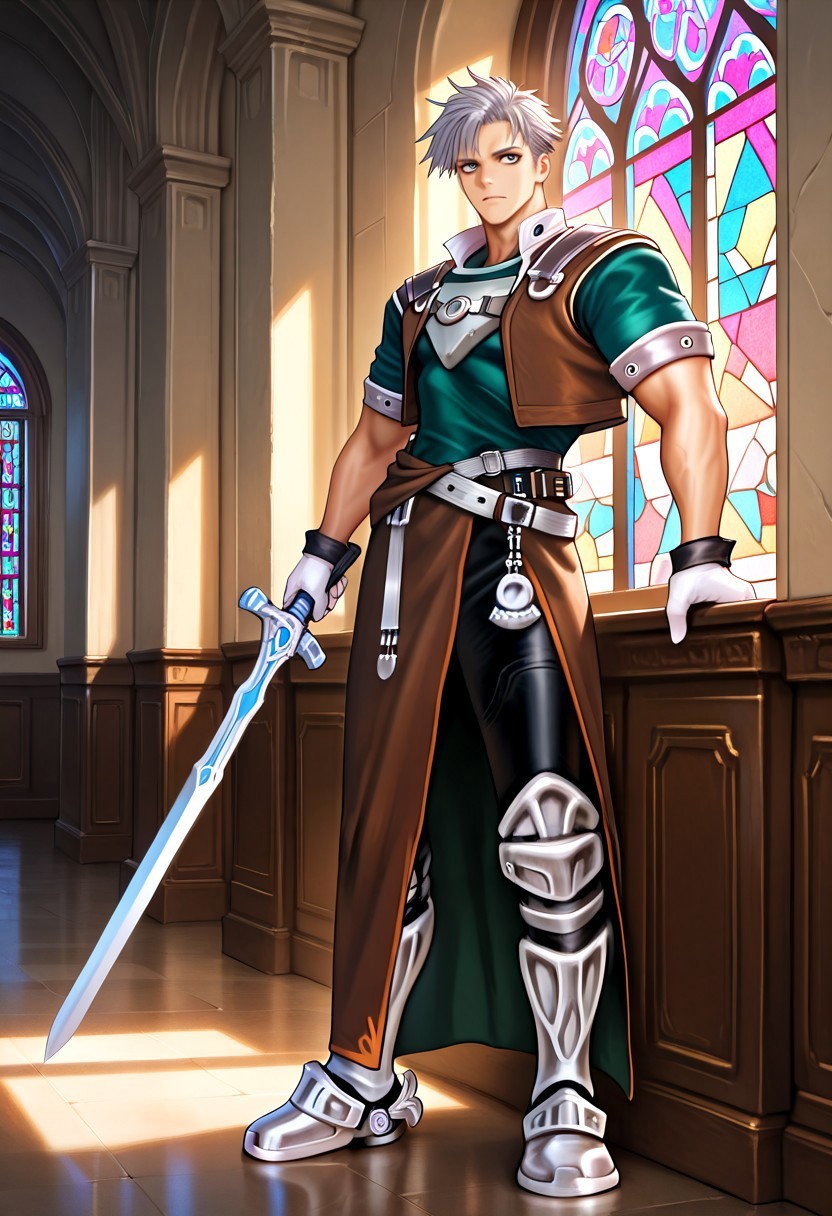 masterpiece, best quality, amazing quality, very aesthetic, absurdres, newest, natgra, 1boy, solo, adult, male focus, muscular, toned male, gray eyes, short hair, silver hair, steel greaves, plated footwear, (brown skirt, long skirt, slit:1.1), black pants, (short sleeves, green shirt), brown leather vest, silver belts, white gloves, silver chest plate, indoors, stained glass window, hallway, (view from the side:1.4), leaning on wall, holding blue sword
