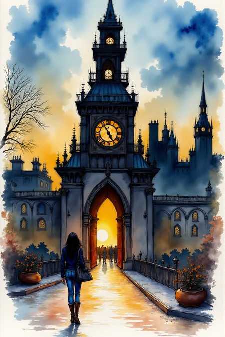 <lora:Vibrant_watercolor_v.22:0.8> WatercolorSketch style. This is a vibrant, digitally created artwork depicting a bustling city scene at twilight. The background features an imposing, Gothic-inspired clock tower with intricate, modernist detailing in shades of dark grey, black, and warm amber. The tower is silhouetted against a gradient sky that transitions from deep blue to pale yellow. Above the tower, a bright, glowing orb illuminates the top, casting a warm light on the scene. The tower is flanked by smaller, more ornate structures, also painted in dark and light shades of grey, with clock faces visible on some of the buildings, adding to the scene's industrial-meets-artistic aesthetic. The ground level features a large, arched entrance or gateway, painted in deep red and orange hues, which appears to be open, possibly leading into a grand hall or courtyard. In the foreground, a lone figure walks away from the viewer, towards the entrance. This person is a woman with long dark hair, dressed in a dark blue jacket, jeans, and carrying a black handbag, her silhouette reflecting off the wet cobblestone path beneath her feet.