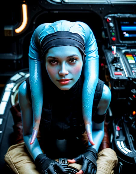 8k UHD, 1440p, hires, score_9, score_8_up, score_7_up, score_6_up, score_5_up, source_photo, amateur_photo, realistic, explicit, solo, intricate detail, perfect eyes, face focus, Mission-Vao, VaoM, KOTOR, Twi'lek, Lekku, alien, colored skin, blue skin, hairband, 1girl, solo, round face, puffy eyes, brown eyes, slim hips, thin legs, from above, cute, black shirt, vest, pants, boots, in cockpit <lora:Expressive_H:1> <lora:PerfectEyesXL:0.7> <lora:Pony_Mission-Vao_V1:1>