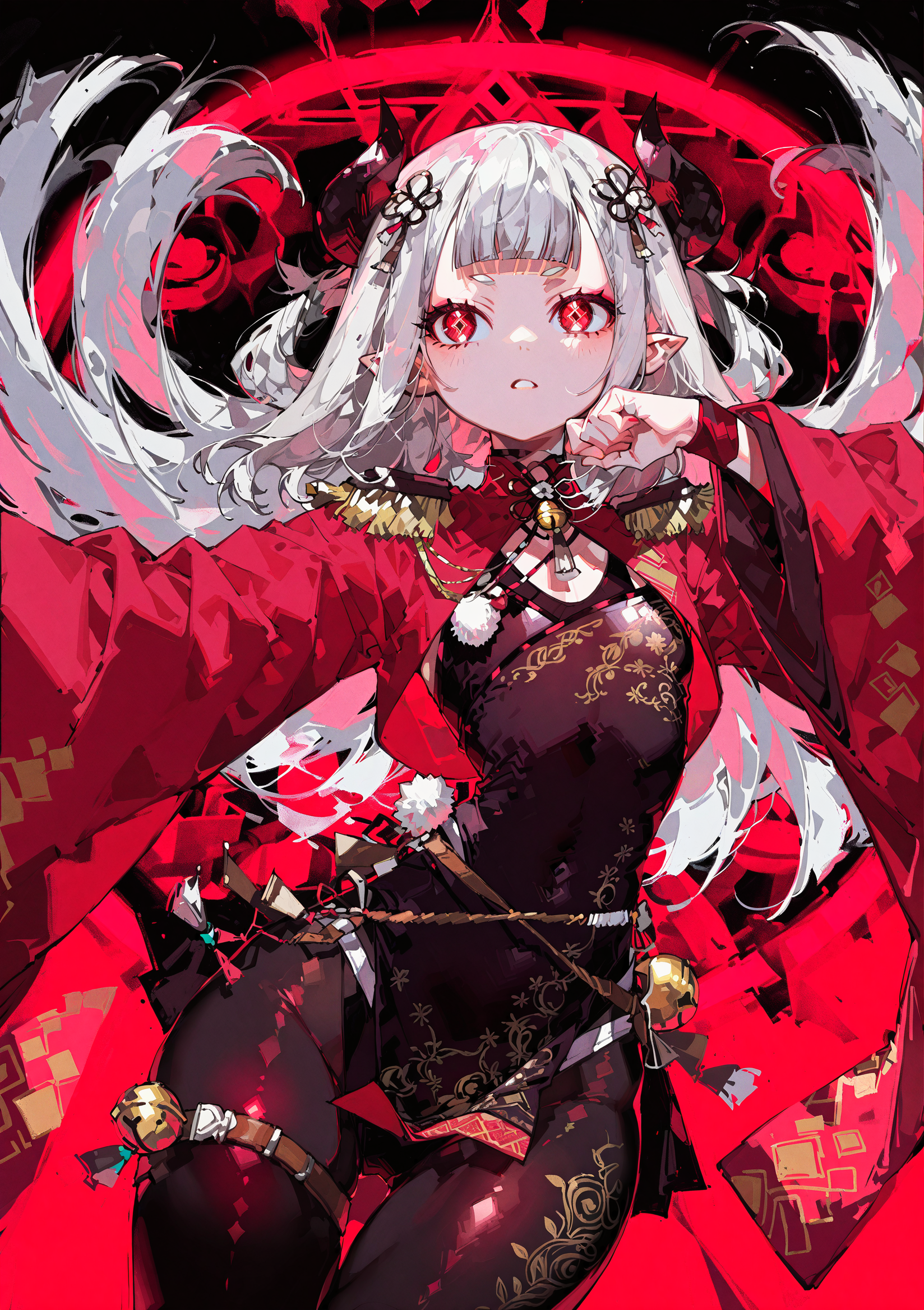 best quality, masterpiece, amazing quality, very aesthetic, very awa, absurdres, newest,
shiny skin glowing
1girl solo focus  breasts, dynamic pose, dynamic angle,
<lora:nhl-001:0.4>, nhl-001,<lora:ponyv4_noob1_2_adamW:0.33>, <lora:96YOTTEA-WAI:0.6>,<lora:yoneyamaiXLNBVP1lokrV6311PZ:0.6>,
optical illusion, ssambatea, quasarcake, Fishine, arutera, soresaki, reoen, sanbonzakura, askzy, negative space, see-through ,made of,  tiny neon glass filaments, neon light, detailed background, hand out frame,
nijinaraka,flat chest,red eyes,diamond-shaped pupils,symbol pupils,short eyebrows,grey hair,white hair,pointy ears,demon horns,long hair,hair rings,blunt bangs,hair ornament,
nijinarakacos,black dress,print dress,leotard under clothes,pelvic curtain,red shrug\(clothing\),red jacket,crop top jacket,epaulettes,red sleeves,saggy sleeves,print sleeves,long sleeves,wide sleeves,ornament around waist,thigh band,jingle bell,black pantyhose,print pantyhose,
 <lora:niji-naraka-v2:0.9>