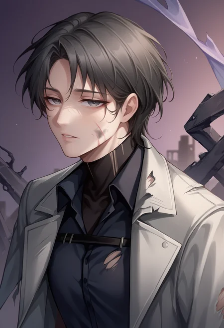 score_9,score_7_up, source_anime, <lora:shp13m-ponyxl-beta2-11:1>SHP13M, short hair, black hair, grey eyes, 1boy, mature male, pale skin, blood on face, dirty, upper body, torn clothes, compression shirt, grey coat, collared shirt, black shirt, chest harness, torn coat, abstract background, purple sky, purple background, parted lips, ruins, looking at viewer, half-closed eyes, tired,leaning forward, from side, (light smile:0.2), corruption, black stone, purple theme,