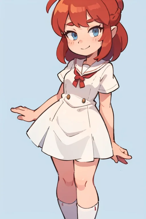 1girl, <lora:WendyW:0.7>, wendyw, striped socks, white and blue dress, red hair