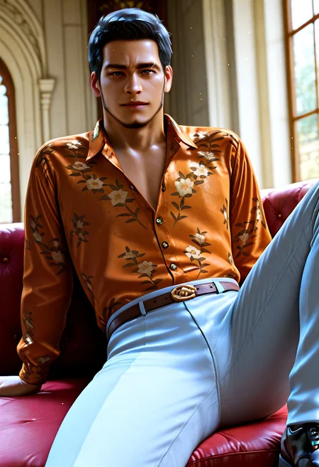 perfect anatomy, perfect proportions, best quality, masterpiece, high_resolution, high quality, best aesthetic, incredibly absurdres, highres, extremely detailed, huge filesize, ( bara, solo male, male focus, adult, mature, masculine, manly, rugged:1.2), handsome, charming, alluring, dutch angle, cowboy shot, (perfect face, detailed face, photorealistic, realistic:1.3), source_game \(Judgment\), official style \(Judgment\), Masaharu Kaito, YKZKaito, black hair, short hair, brown eyes, eyebrow slit, facial hair, chinstrap beard, jawline beard, YKZKaito_outfit01, ((orange shirt)), orange floral silk button-up shirt, floral print, light grey dress pants, black shoes, sitting on couch, knee up, spread legs, lying back, (day, palace), looking at viewer, innocent face, depth of field, bokeh, sharp focus, intricate, smooth, fantasy, neon, cinematic lighting, cinematic, matte, photorealistic, 4k, volumetric lighting, dramatic,