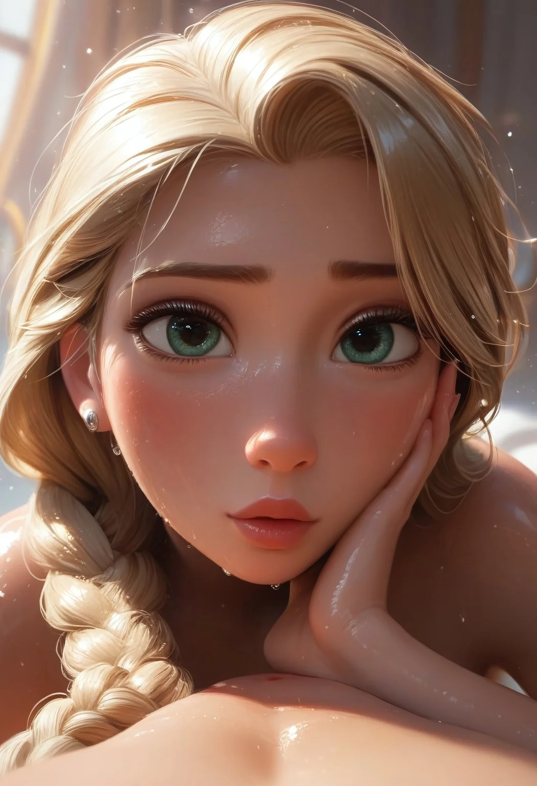 safe_pos, score_9,score_8_up,score_7_up,score_6_up, comic book angle and perspective, rating_questionable, (kissing pov:1.3), long blonde hair Rapunzel, braided hair, 30 years old, thick body, saggy breast, incredibly detailed, oiled, (extremely detailed face and eyes: 1.2), wet shiny oiled skin, Expressiveh, very detailed facial features, seductive, perfect face, cute, half closed eyes, perfect hands, very cute, shiny skin, perfect face, horny, kinky, coy, suggestive, (female pov:1.3), HD32K,
