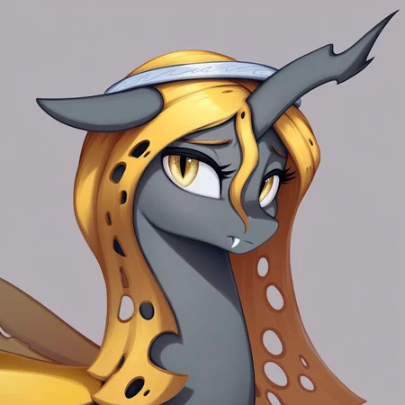 masterpiece, score_9_up, score_8_up, score_7_up, score_6_up, (best quality:1.1), ultra-detailed, high resolution, 1character, Oiren, changeling queen oc, mlp, feral, black skin, long yellow membrane mane, tail, (((beautiful detailed yellow eyes))), long eyelashes, eyebrows, ears, yellow Insect wings, closed mouth, worried, fang out, single horn, modest silver crown, detailed facial features, looking at viewer, portrait, expressiveh, simple background, highly visible, sharp focus, anatomically correct