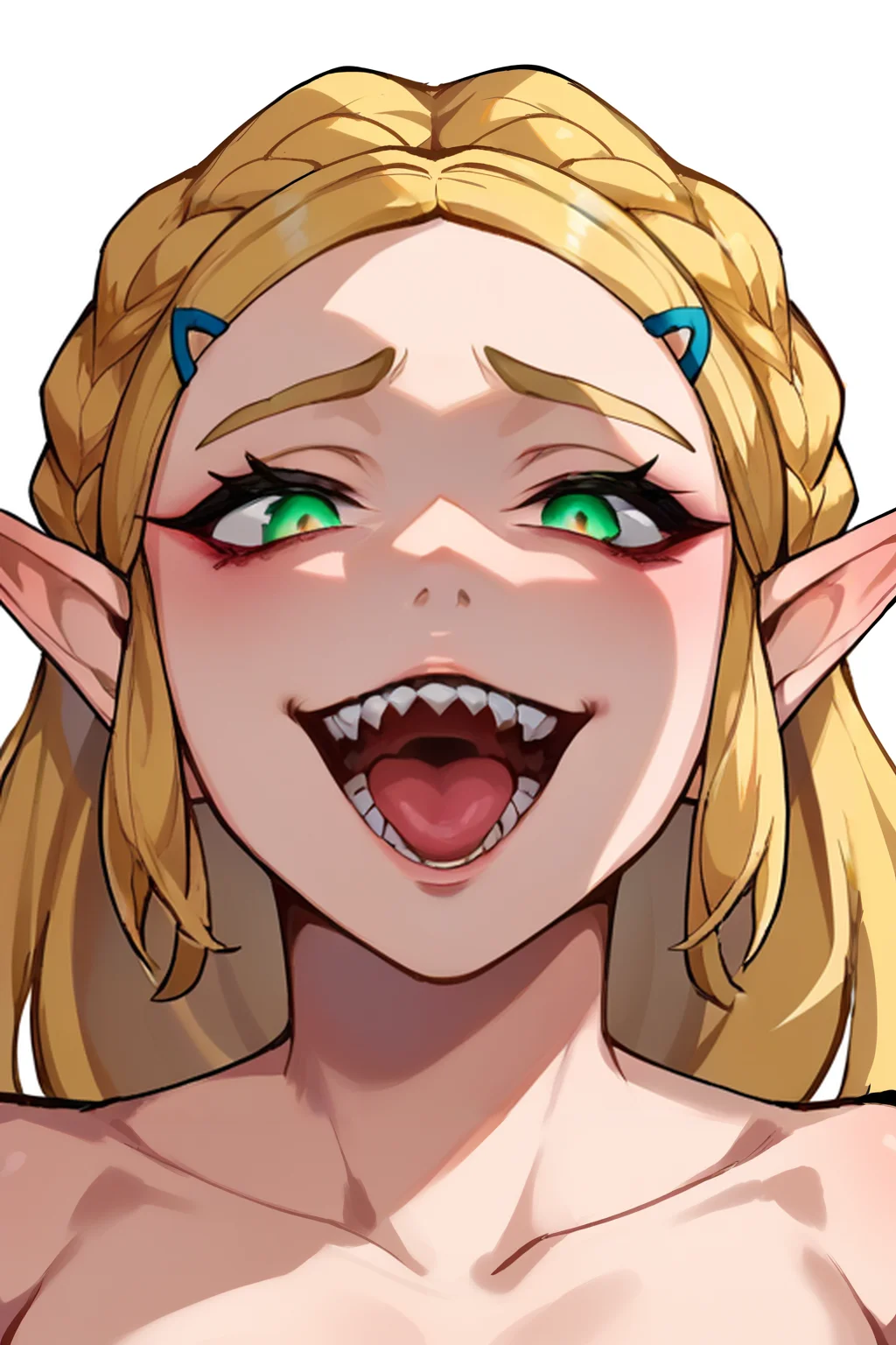 zPDXL, <lora:Concept_Gesugao:1>, 1girl, gesugao, parted lips, evil smile, zelda, breath of the wild, face focus, open mouth, sharp teeth, blonde hair