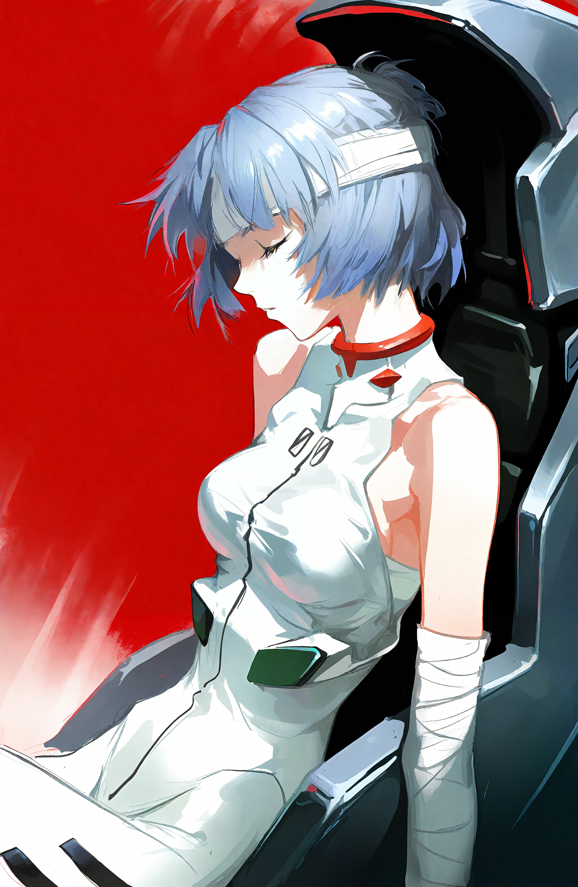 ayanami_rei, 1girl, solo, breasts, short_hair, blue_hair, closed_eyes, from_side, bandages, bandaged_arm, plugsuit, white_bodysuit, cockpit