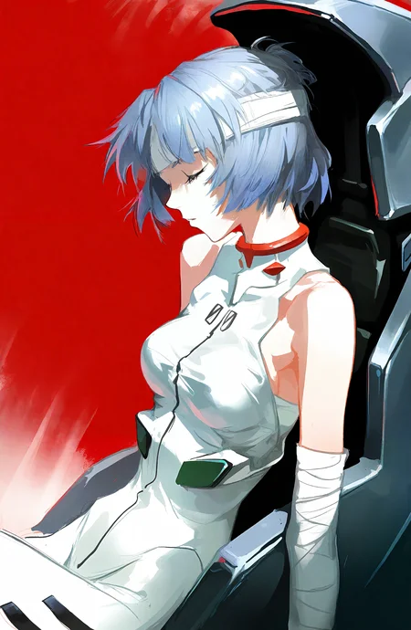 ayanami_rei, 1girl, solo, breasts, short_hair, blue_hair, closed_eyes, from_side, bandages, bandaged_arm, plugsuit, white_bodysuit, cockpit