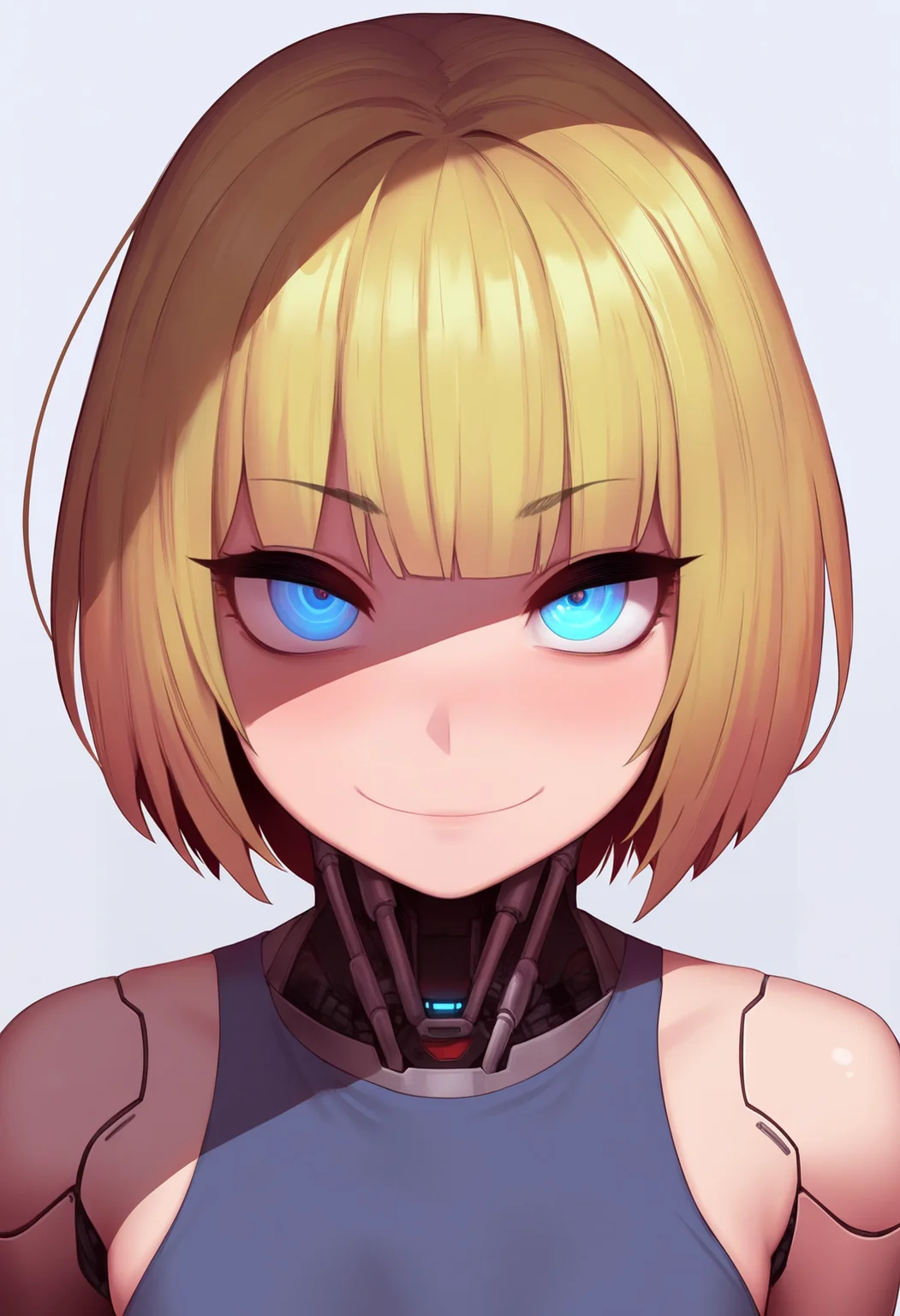 best quality, amazing quality, very aesthetic, absurdres,
1girl, blonde hair, short hair, cyborg, robotskin, blue eyes, (glowing eyes:0.5), robot joints,
upper body, smile, looking at viewer, solo, simple background, white background <lora:RobotSkinNoobXL_byKonan:1>