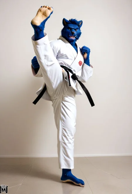 (((Barefoot furry character, full body, cinematic setting, furry male, plantigrade))) 
(((Beast from X-Man))), muscular, beefy, brawny, (((wears white kimono and lonh white pants))), (((performs karate kick))), high kick, lifted leg,  blue fur on entire body
BREAK, detailed background, 8K, (masterpiece:1.5), intricate details, highly detailed, extreme detail, octane render, fine art, best quality, highres, (detailed face:1.5), ((full_body)), UHD, (((perfect hands))), low light