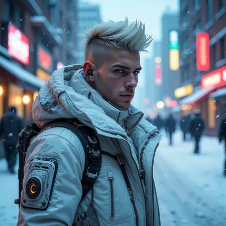 Frostpunk style, frostpunk style gaunt youngMoxie male (covered in snow, frost, and/or icicles), old with silver blonde asymmetrical undercut hair with shave sides, mechanical_eyes, wearing a frosty white insulated jumpsuit, futuristic snow boots, bionic eye, set in a frozen city center where the wind whispers through broken windows, carrying with it the echoes of the past. , at dusk,, <lora:flux_trainer/frostPunk_v1.1.safetensors:1.0>, <lora:scifi/moxiePunk_v3D.safetensors:1.0>, . Icy, futuristic aesthetic incorporating frozen elements, augmented mechanical technology, neon-lit snow-covered cityscapes.