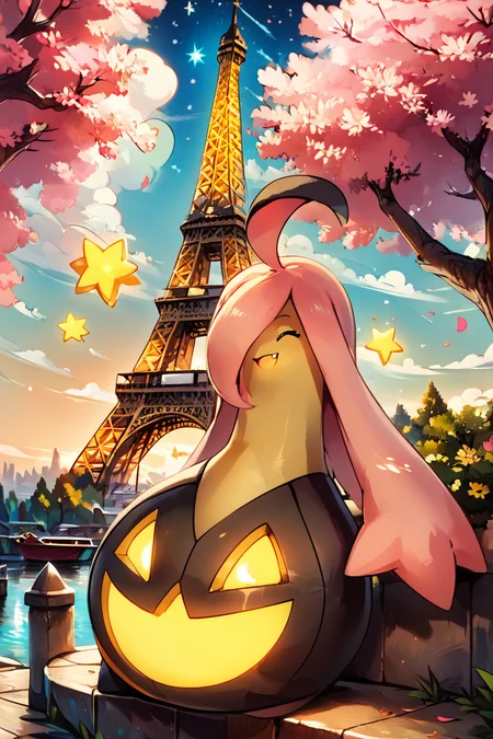 score_9, score_8_up, score_8, no humans, BREAK, , zzGourgeist, solo, pokemon (creature), no humans, ghost, hair over one eye, ahoge, yellow eyes, full body, outdoors, glowing, closed eyes, tree, fang, happy, <lora:Gourgeist_Pokemon_PDXL:0.8>, , BREAK, zzEiffelTower in background, sitting, watercraft, boat, sitting on wall, side view, looking at viewer, smile, ,,, BREAK, blooming stars, luminescent petals, otherworldly fragrance blurry background, ,,, embedding:zPDXL, Expressiveh, ,,, <lora:EiffelTowerPDXL:0.8>, <lora:CatalystStylePDXL:0.6>, <lora:SDXLFaeTastic2400:0.5>, <lora:Expressive_H-000001:0.4>,