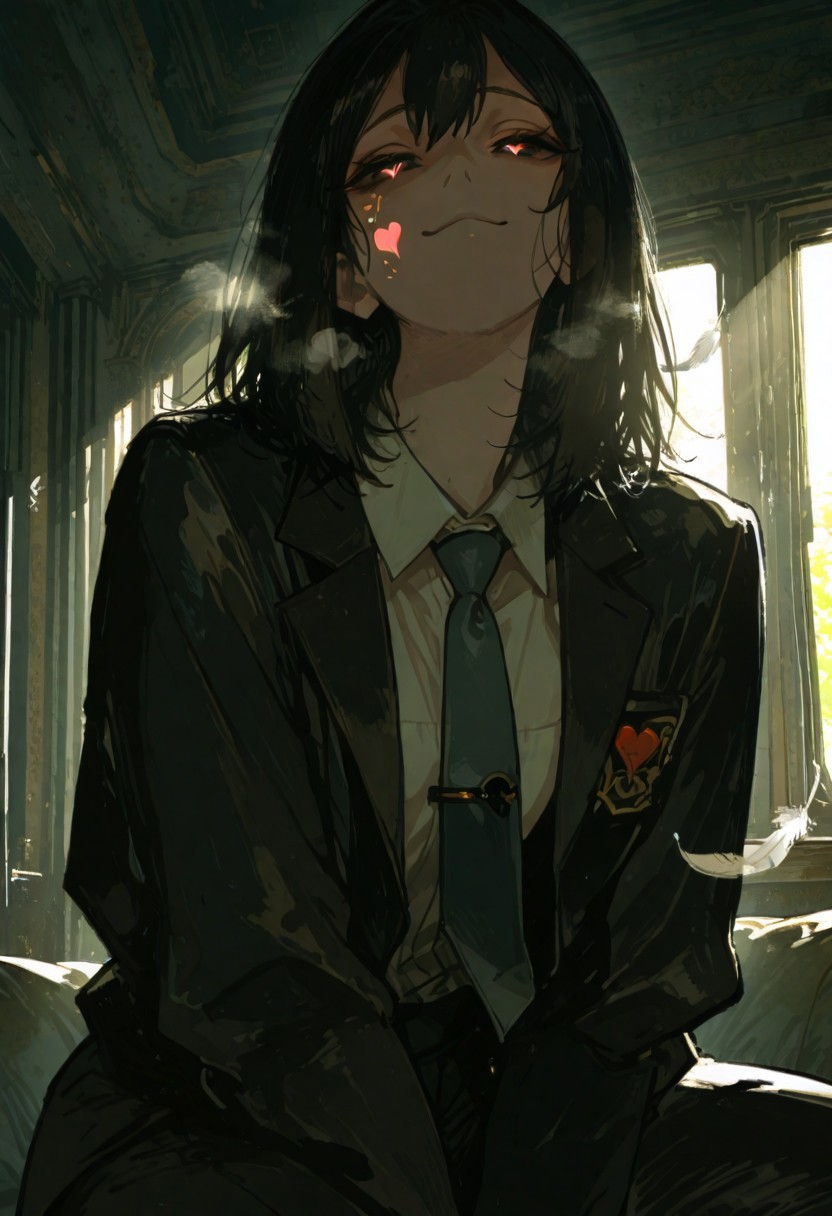 score_9, score_8_up, score_7_up, score_6_up, source_anime, incredible quality, detailed facial expressions, {masterpiece},illustration,beautiful detailed,colourful,finely detailed, intricate details,1 girl, solo, young, black hair, permed medium hair, looking at viewer, black eyes, black jacket, open jacket, black suit, pant suit, breath, eyes smiled, heart in pupils, half-closed eyes, glowing eyes, white shirt, tie, erotic face, erotic smiled, UHD, masterpiece, hyper detail, super detail, anime screencap, falling feathers in the air, filled with feathers, dynamic lighting, 96yottea, 748cmstyle, usnr, muted colors, sunlight