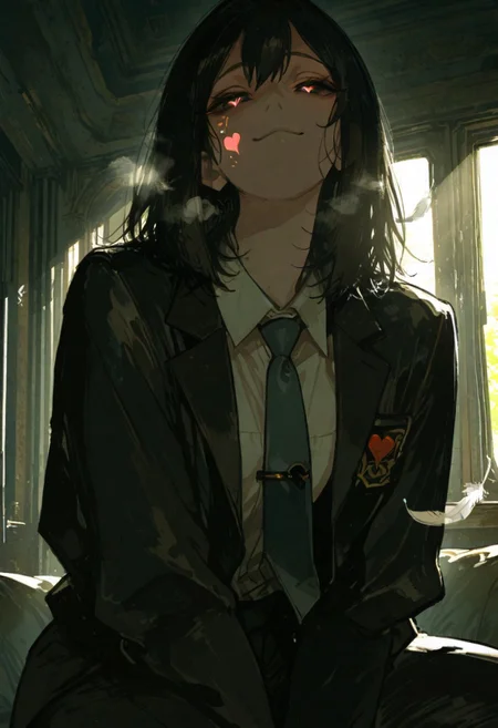 score_9, score_8_up, score_7_up, score_6_up, source_anime, incredible quality, detailed facial expressions, {masterpiece},illustration,beautiful detailed,colourful,finely detailed, intricate details,1 girl, solo, young, black hair, permed medium hair, looking at viewer, black eyes, black jacket, open jacket, black suit, pant suit, breath, eyes smiled, heart in pupils, half-closed eyes, glowing eyes, white shirt, tie, erotic face, erotic smiled, UHD, masterpiece, hyper detail, super detail, anime screencap, falling feathers in the air, filled with feathers, dynamic lighting, 96yottea, 748cmstyle, usnr, muted colors, sunlight