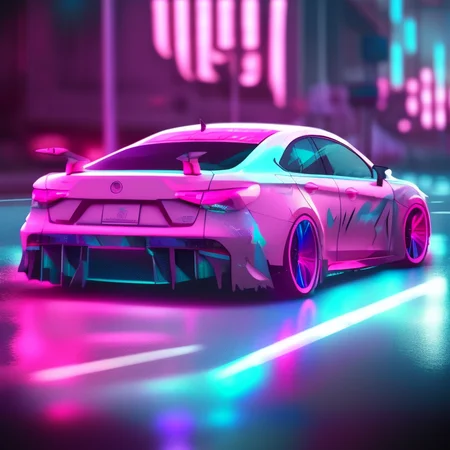 a photo of a car parked on a city street with a neon light on it's side and a neon light on the back of the car, art by carstestv3
