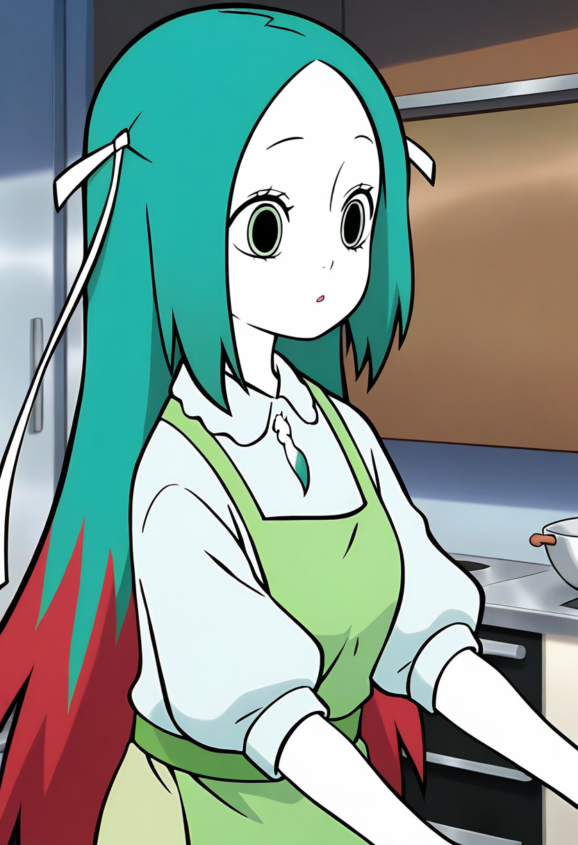 <lora:jingwei:1>,jingwei,1girl,solo,long hair,multicolored hair,red hair,green hair,hair ribbon,white ribbon,black_pulpil,white skin,
 green apron, shirt,, masterpiece,best quality,amazing quality,absurdres, anime screenshot,