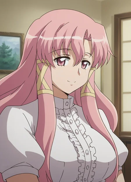 <lora:Cattleya-Zero_no_Tsukaima:0.85>,cattleya,1girl,solo,pink hair,long hair,pink eyes,hair ribbon,breasts,shirt,upper body, looking at viewer, smile,indoors,