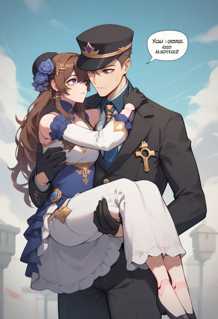 score_9,score_8_up,score_7_up,<lora:princess_carry_pony_pony:1>,1girl, 1boy, carrying, looking at another, purple eyes, long hair, brown hair, hat, black headwear, dress, gloves, pants, black gloves, jacket, long sleeves, joints, doll joints, robot, speech bubble, english text, humanoid robot, key, princess carry