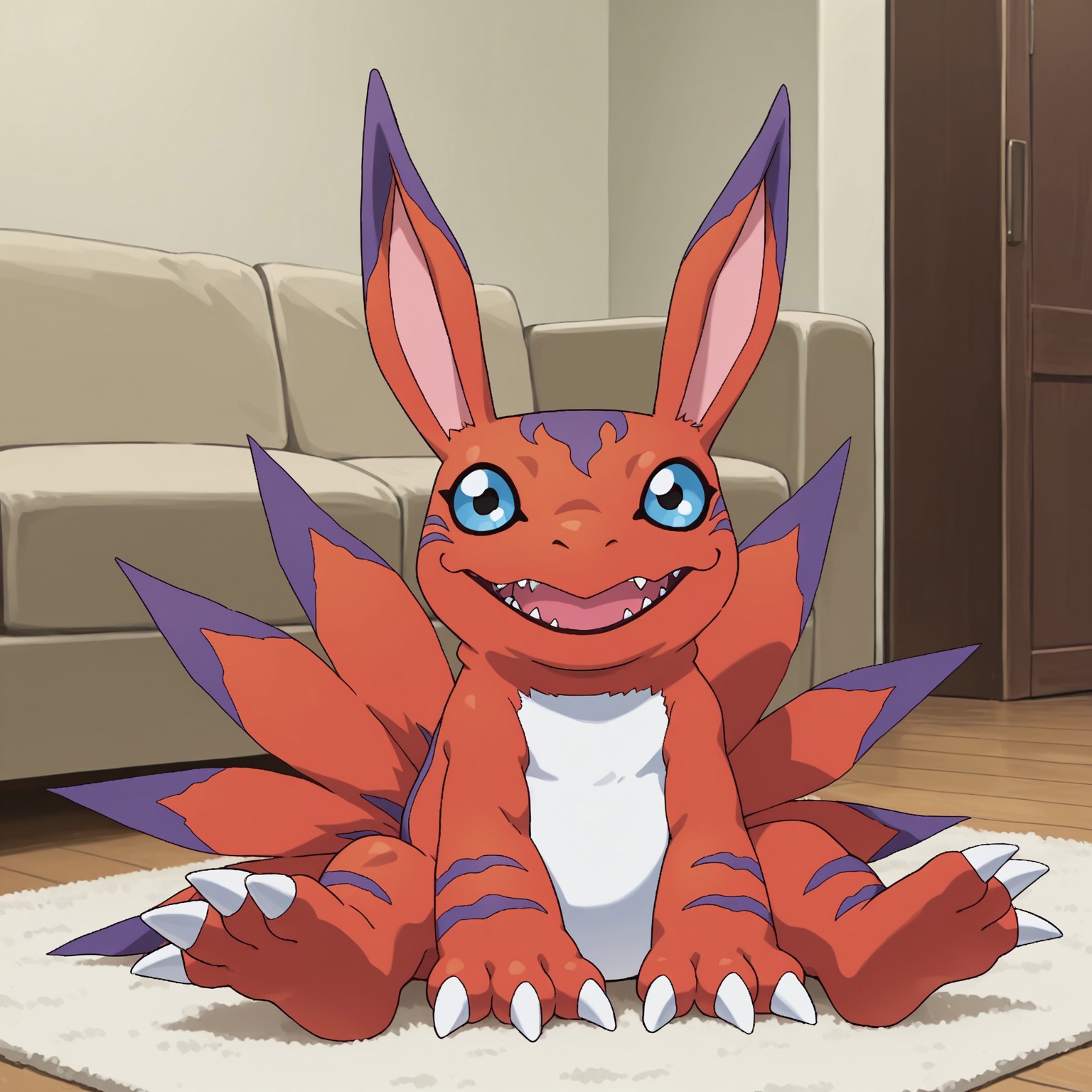 2d, solo, Digimon (creature), Elecmon, red fur, purple markings, two tone fur, pink inner-ears, long ears, claws, three toes, blue sclera, black pupils, white countershade torso, multiple tails, semi-anthro

BREAK sitting, on rug, indoors, living room,  open mouth smile, sharp teeth, looking at viewer, happy, waving

BREAK best quality, amazing quality, very aesthetic, absurdres, newest, high quality, masterpiece 