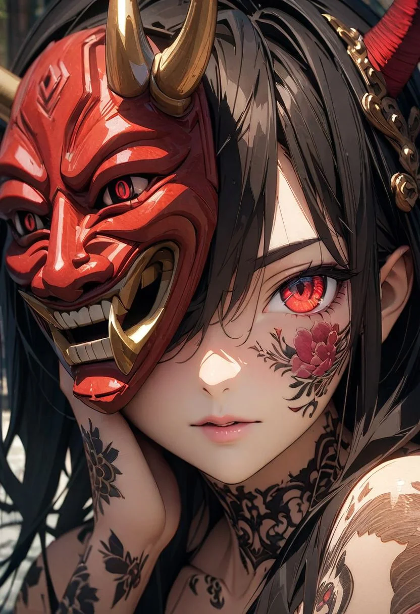 gorgeous lips, cinematic, (masterpiece), (best quality), (ultra-detailed), very aesthetic, illustration, perfect composition, intricate details, absurdres, detailed face, (anime, masterpiece, intricate:1.3), (best quality, hires textures, high detail:1.2), (4k),(incredibly detailed:1.4)  (beautiful detailed face, beautiful detailed eyes) ,extreme details eyes
anime girls
original characters
women
red eyes
covered face
oni mask
inked girls
tattoo
cleavage
katana
weapon
mural
dragon
Japan
Japanese Art
artwork
drawing
digital art
sketches
illustration
portrait display
Chun Lo
warrior
demon
vertical
hand on face
anime
mask
clothes
yakuza
fantasy girl
mobile wallpaper
phone wallpaper