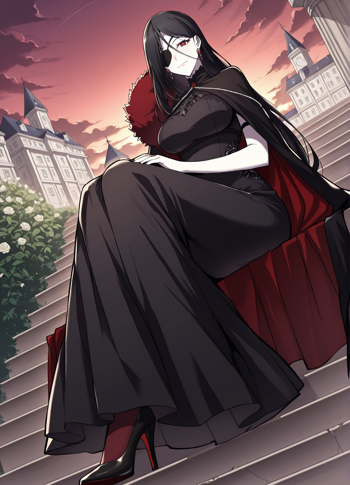 <lora:Hailey_Orga:1>
1 girl, solo, red eyes, black hair, long hair, hair between eyes, pale skin, large breasts
black dress, bridal gauntlets, cape, earrings, eyepatch, fur trim, black nails, black fingerless gloves, high heels, pantyhose, single glove
score_9, score_8_up, score_7_up, very aesthetic, source_anime, detailed, high quality, beautiful, masterpiece, detailed eyes, mansion, plants, flowers, clouds, light smile, dynamic angle, full body, sitting on stairs