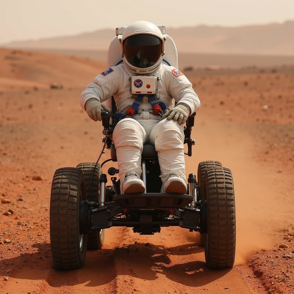 realistic photo of a astronaut riding in an off road wheelchair, on mars, red dirt, red planet, alien planet, nasa style, space and scifi,  ultra high quality, sharp focus, highly detailed,  <lora:Off_Road_Wheelchair_FLUX:1>,