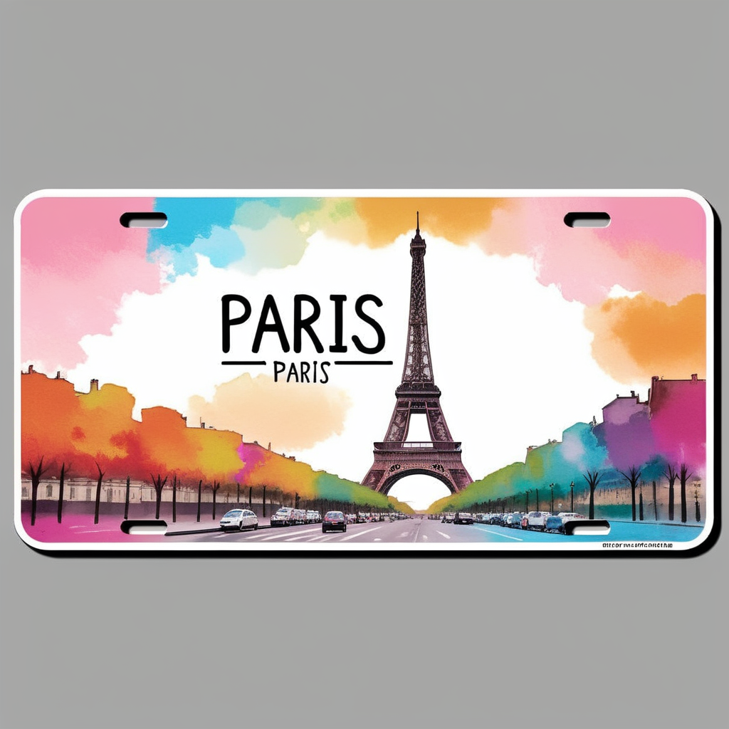 colorful painted fashion licence plate with eifeltower, text:"paris" <lora:text:.7>
