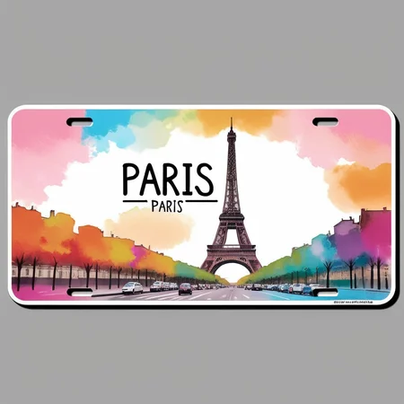 colorful painted fashion licence plate with eifeltower, text:"paris" <lora:text:.7>