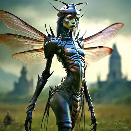 hybridexa  beautiful hybryde insect-girl warrior, insects castle on the battlefield in the background, very photorealistic, cinematic <lora:hybridexa:0.9>