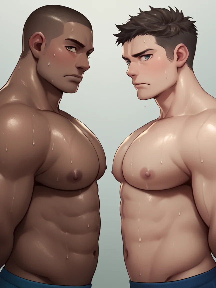 <lora:lunaflamesf01rw:1> 2boys, side view, pectoral docking, touching pectorals, topless male, embarrassed, large pectorals, looking at you, sweat, big pecs, interracial, arms behind back, score_9, score_8_up, score_7_up, score_6_up, score_5_up, score_4_up