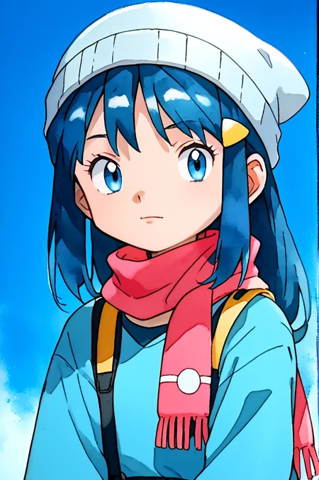 Score_9, score_8_up, score_7_up, score_6_up, score_5_up 1girl, 1girl, blue hair, scarf, hat, beanie, blue eyes, hairclip white headwear, ken sugimori, watercolor \(medium\)
<lora:KenSugimoriPony:0.6> <lora:pokemon-dawn-anime-ponyxl-lora-nochekaiser:1>