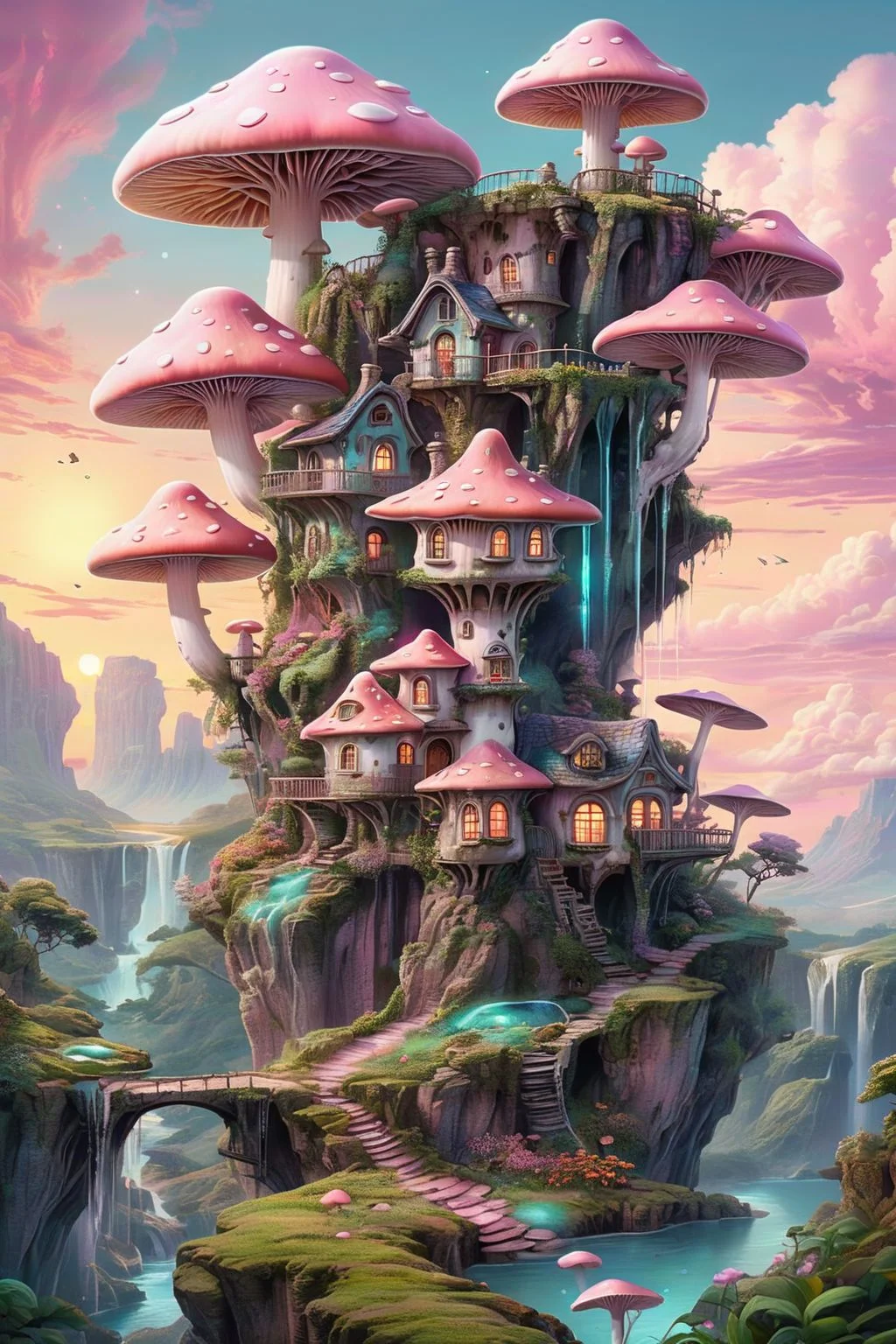 Whimsical illustration of a cozy mushroom house perched on the edge of a cliff, surrounded by lush greenery and sparkling waterfalls, soft pastel colors, dreamy lighting, sunset whis pink clouds
dagobahlnd <lora:DagobahLnd:0.7>, extremely high quality RAW photograph, detailed background, intricate, exquisite details and textures, highly detailed, ultra detailed photograph, warm lighting, artstation, sharp focus, high resolution, detailed skin, detailed eyes, 8k uhd, dskr, high quality, film grain, Fujifilm XT3