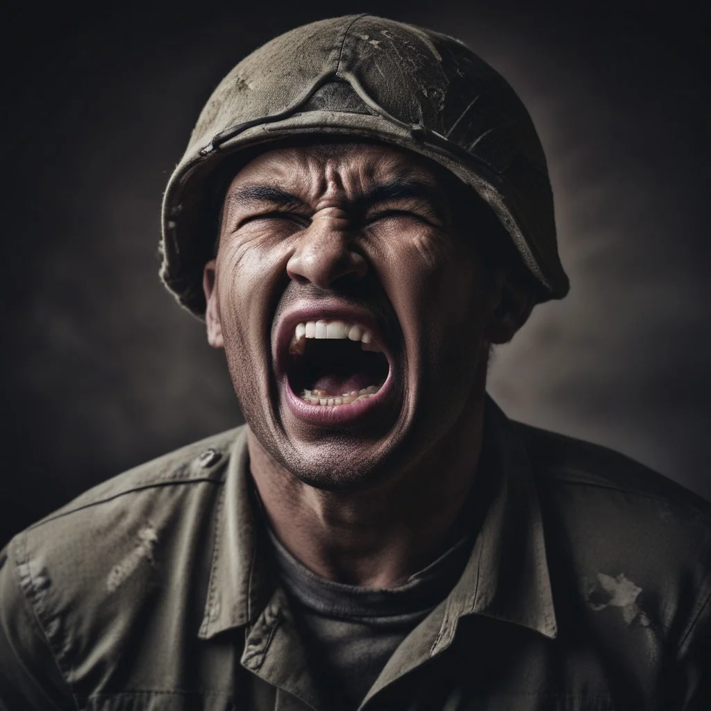 soldier, sadness, grief, suffering, anguish, mouth open, crying