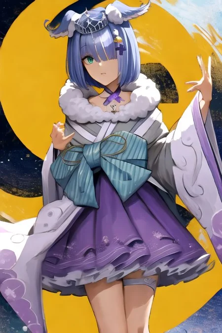 solo, 1girl, solo_focus, (((masterpiece))), ((best quality)), ((ultra-detailed)), high resolution, absurdres, highres, ultra-detailed 8k unity wallpaper,
elira2st, tiara, japanese clothes, grey kimono, wide sleeves, single thighhigh, purple skirt, off shoulder, necklace, fur trim, thigh strap, tabi, sandals, purple nails