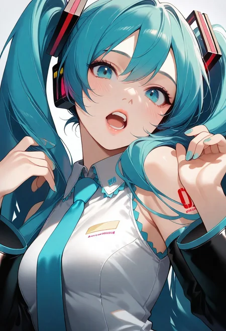 1girl, hatsune_miku, teeth, lips, thin lips, solo, looking at viewer, open mouth, upper body, masterpiece, best quality, very aesthetic