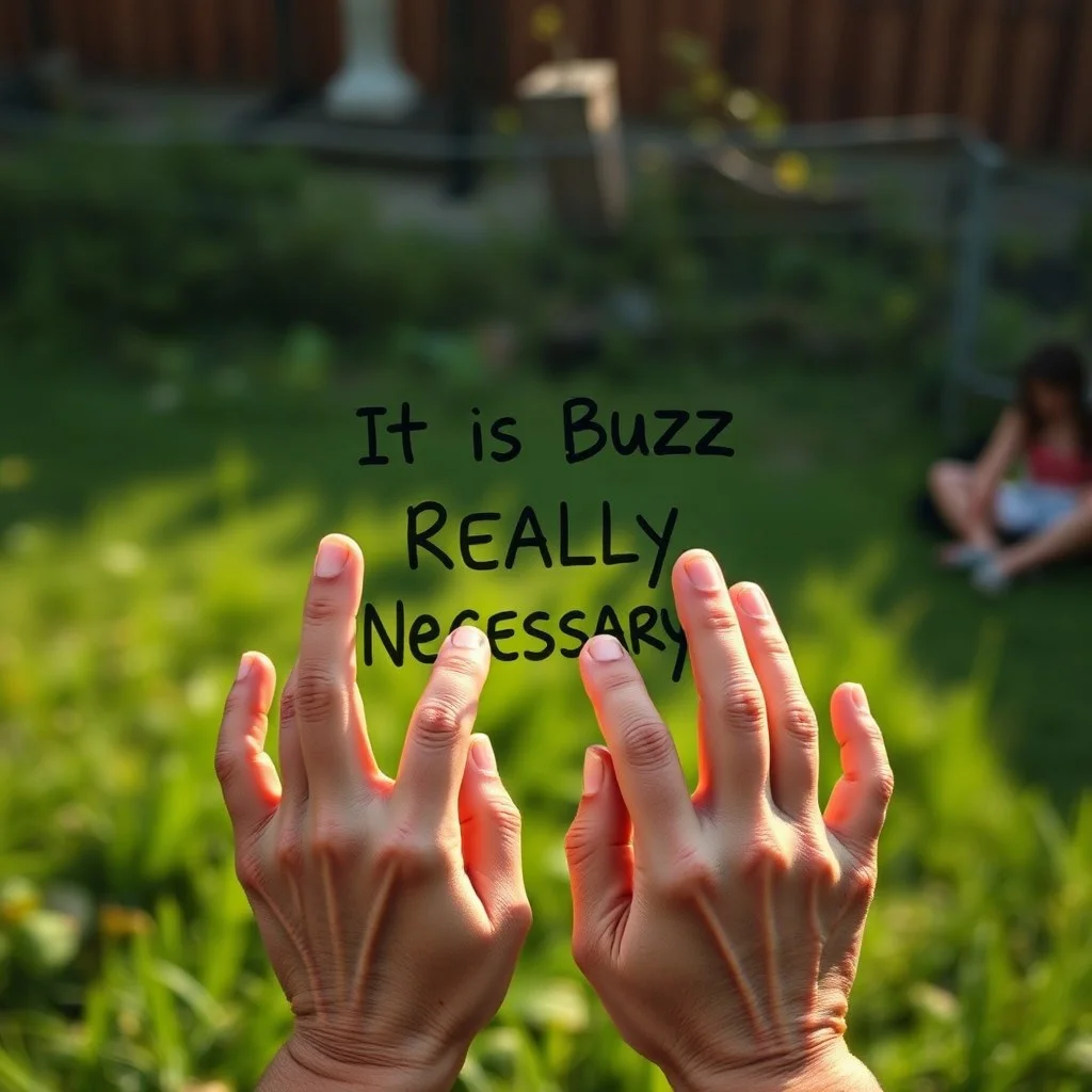 Living outdoor with hands written ‘It is Buzz Really Necessary?’, (focus on phase), it's a living thing, the outdoor have eyes and hands, use hyper realistic style, add light and shadow effects like a professional maker, make sure hands are anatomical correct.