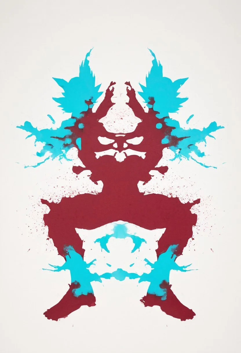A rorschach-test resembling laughing son Goku, dark red and turquoise white translucent ink splashes,