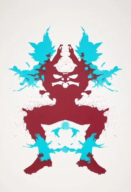 A rorschach-test resembling laughing son Goku, dark red and turquoise white translucent ink splashes,
