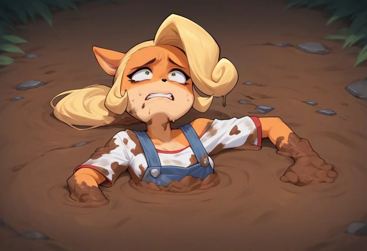 score_9, score_8_up, score_7_up, score_6_up, score_5_up, score_4_up, coco bandicoot, (((sinking into cracked clay mud, orange mud, orange quicksand))),, hud_quiks4nd, quicksand, dirty, dirty clothes, in a arid canyon, canyon region, ,(((sinking fetish art))), source_furry, anime, toon (style), 1girl, solo, cute bandicoot girl, small breasts,, bangs, ponytail, ,long hair, one shoulder overalls, white shirt, scared, sweating, outdoors, sky, Expressiveh